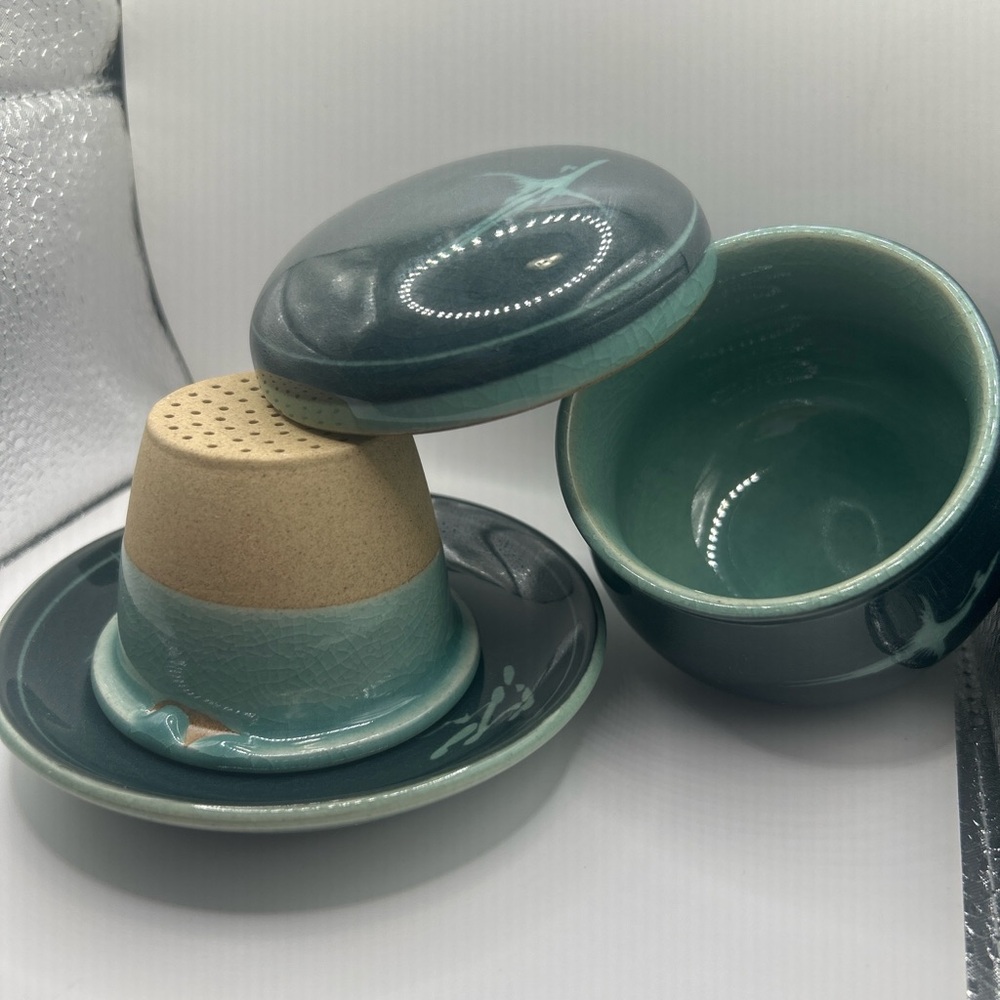 Japanese Celadon Crane Tea Infuser Crackle Glaze Cup Set (4)
